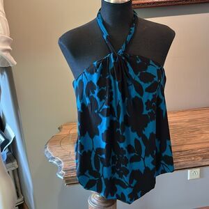 Land's End tankini top deep teal black abstract floral motif halter soft cup 10